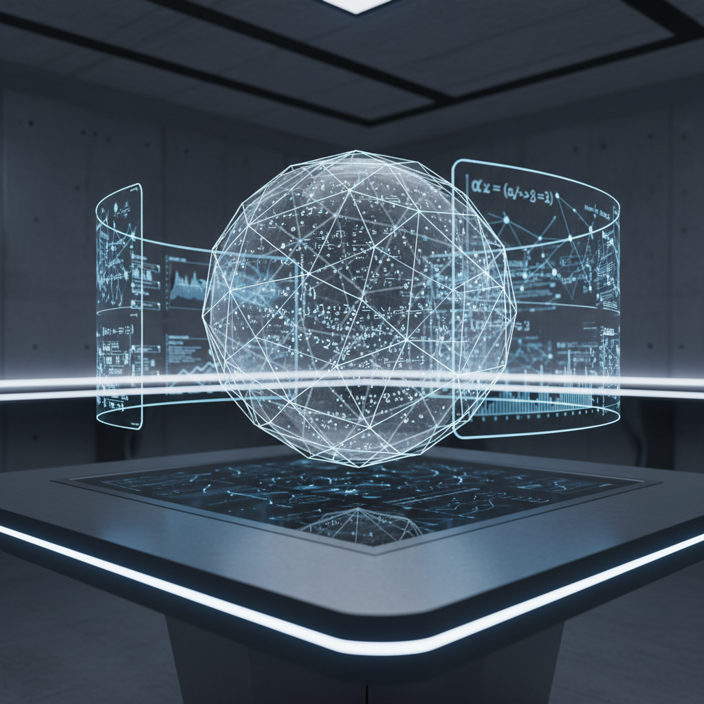A transparent, holographic globe composed of interlocking geometric wireframe polygons hovers above a brushed aluminum table, each polygon filled with tiny mathematical symbols and logic operators. Around the globe, semi-transparent panels display real-time scientific graphs, equations, and semantic networks linking key terms. The setting is a dim, futuristic research lab with smooth concrete walls and a large dark glass display surface beneath the globe. Cool blue and white accent lighting creates a calm, analytical atmosphere, with subtle rim lighting on the globe’s edges. Photographic realism from a slightly elevated three-quarter angle highlights depth and clarity, with a shallow depth of field softly blurring distant interfaces, symbolizing Mathine’s precision in extracting hypotheses from global scientific news.