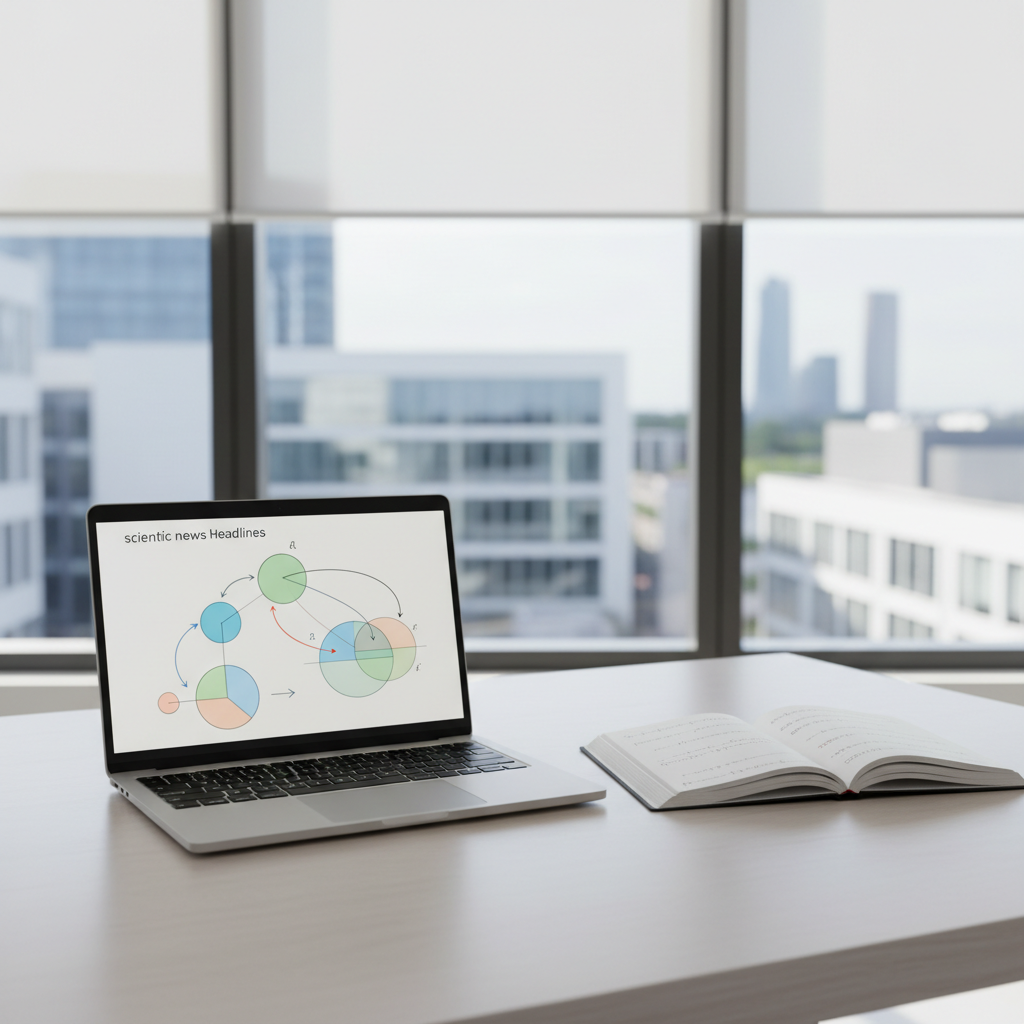 A pristine white workspace featuring a slim, silver laptop open on a light ash-wood desk, its screen displaying a detailed, color-coded semantic graph that links scientific news headlines through mathematical logic arrows and set diagrams. Beside the laptop, a dark graphite notebook lies open with neatly printed formulas and logical symbols. Large floor-to-ceiling windows reveal a softly blurred cityscape of modern research buildings. Natural daylight floods the room, diffused through thin white shades, creating gentle reflections on the laptop’s metallic surface. The composition is clean and minimalist, shot from a slightly elevated angle with photographic realism and sharp focus throughout, conveying a professional, organized atmosphere where complex problem-solving and trustworthy analysis of scientific information quietly take place.