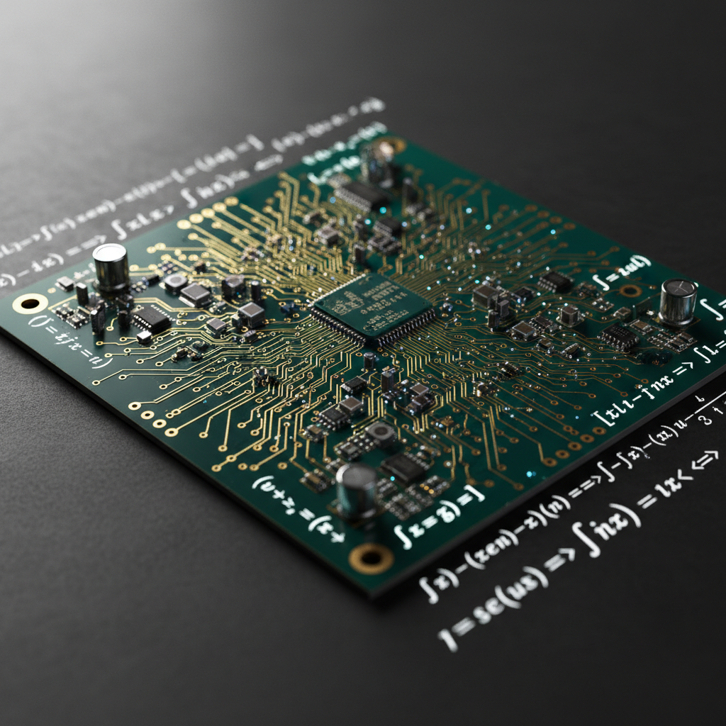 An intricate circuit board rendered in photographic realism, its deep emerald surface crisscrossed with precise gold traces that gradually morph into elegant white mathematical equations and logical implication arrows toward the edges of the frame. Tiny microchips and capacitors are sharply detailed, glowing faintly with embedded blue indicator lights. The board rests on a dark graphite surface with a subtle texture, in a controlled studio environment. Focused, directional side lighting from the left creates fine highlights on metallic components and soft shadows that emphasize depth. Captured in a close-up macro perspective with an extremely shallow depth of field, the central area is crystal clear while the periphery melts into smooth bokeh, evoking the fusion of hardware, logic, and trustworthy computation that powers Mathine’s semantic analysis engine.