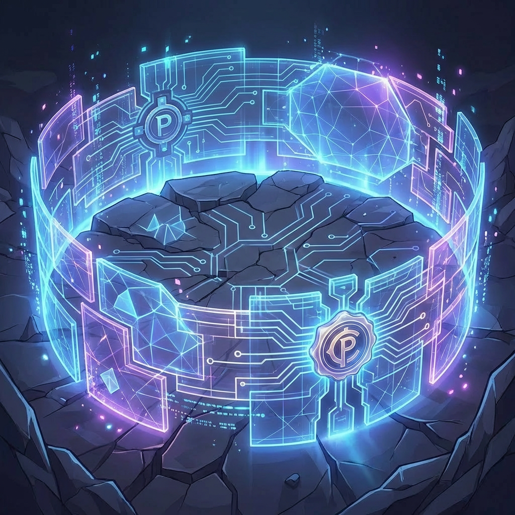 A circular stone platform surrounded by a glowing blue and purple holographic ring with circuit patterns.