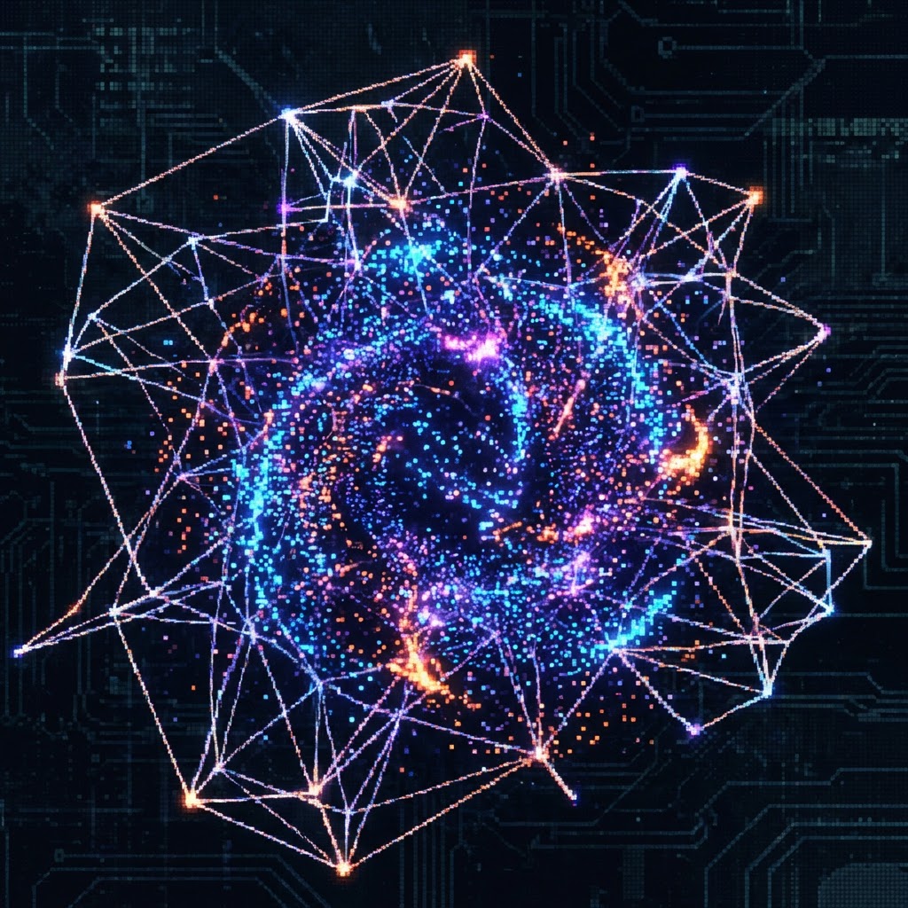 A glowing spiral of digital particles contained within a complex geometric network of lines.