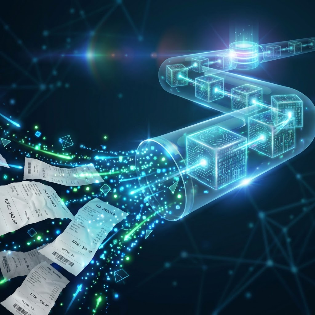 Paper tax invoices being digitized into glowing blue data blocks inside a transparent tube.