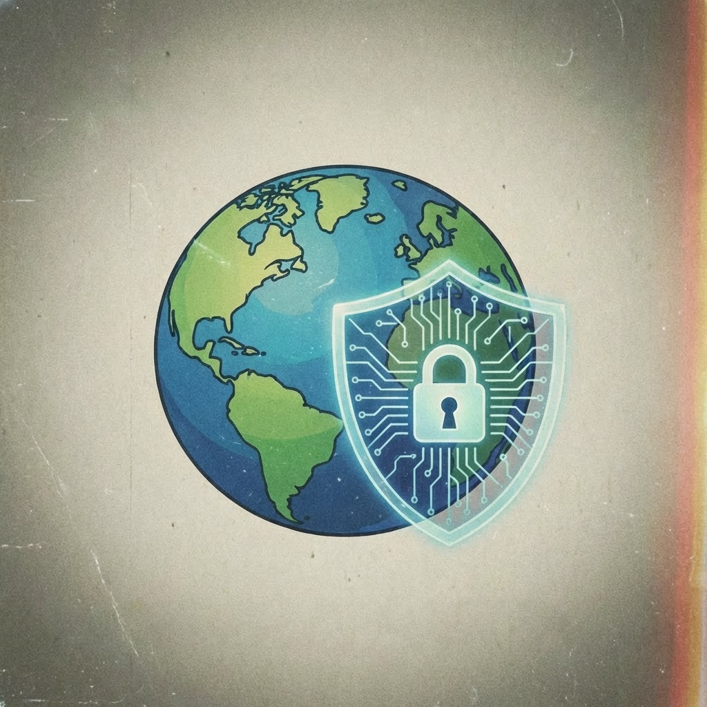Global Cybersecurity Shield Secure Connection globe with glowing padlock shield icon.