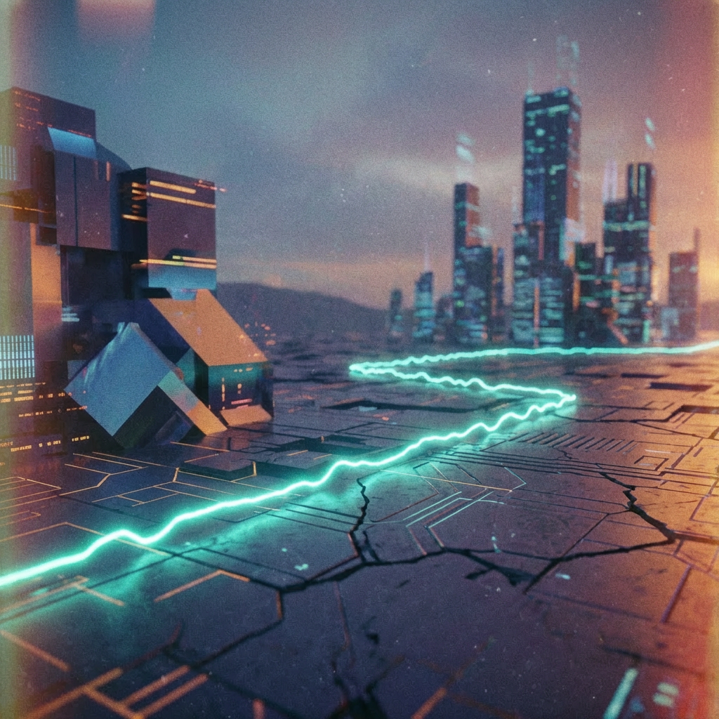Futuristic city with glowing cyan data line and text: STATE-DIFF: SECTOR 7 ANALOG_FILM_SIMULATION.