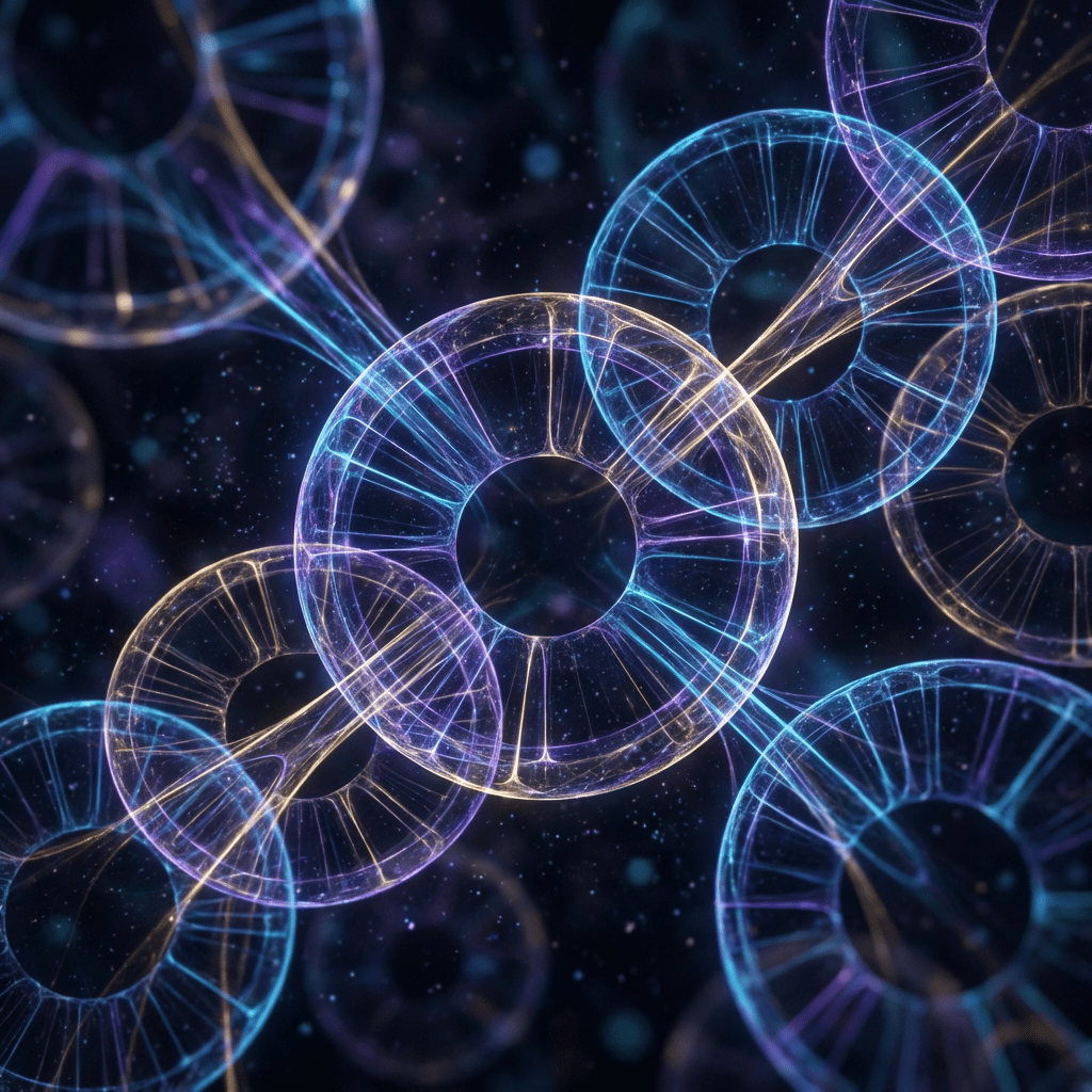 Abstract digital art of glowing blue and purple interconnected ring structures against a dark background.