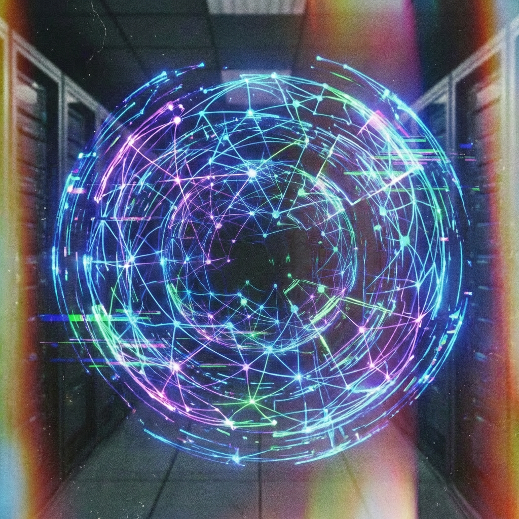 Neon globe with "ZERO-TRUST VERIFY ALWAYS" text in a server room; border text "EKTACHROME".