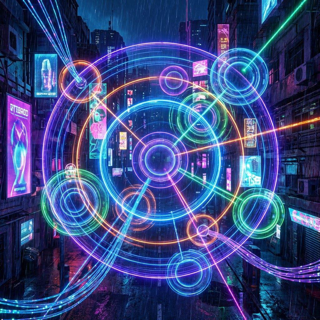 Vibrant neon digital interface overlaid on a rainy futuristic city street.