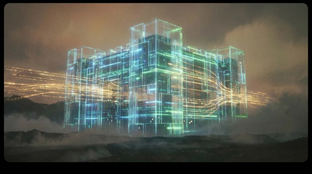 Holographic building in landscape. Text: OCT 26, 2049, FILM TYPE: CHROME-X.