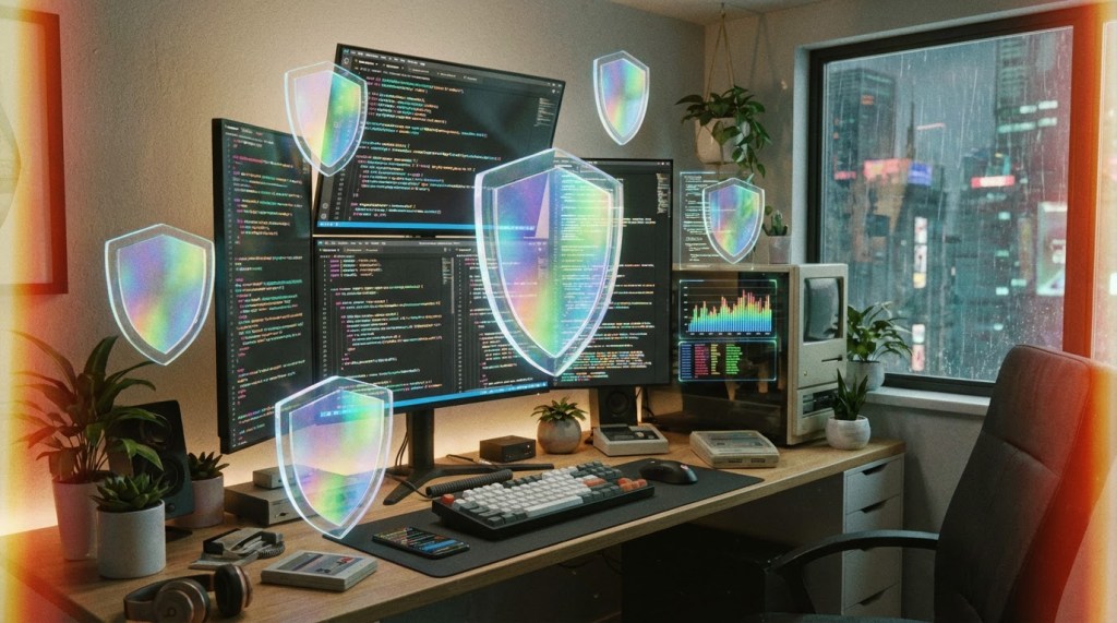 Computer monitors displaying code and data visualizations surrounded by floating holographic protection shields.
