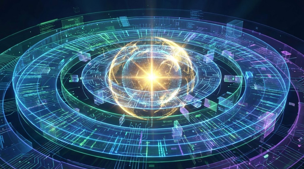 Glowing digital sphere at the center of concentric rings representing advanced data and technology.