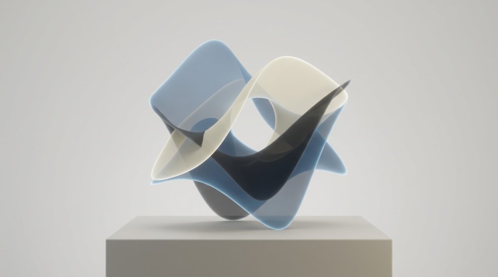 Abstract sculpture with translucent blue and cream curved surfaces displayed on a pedestal.