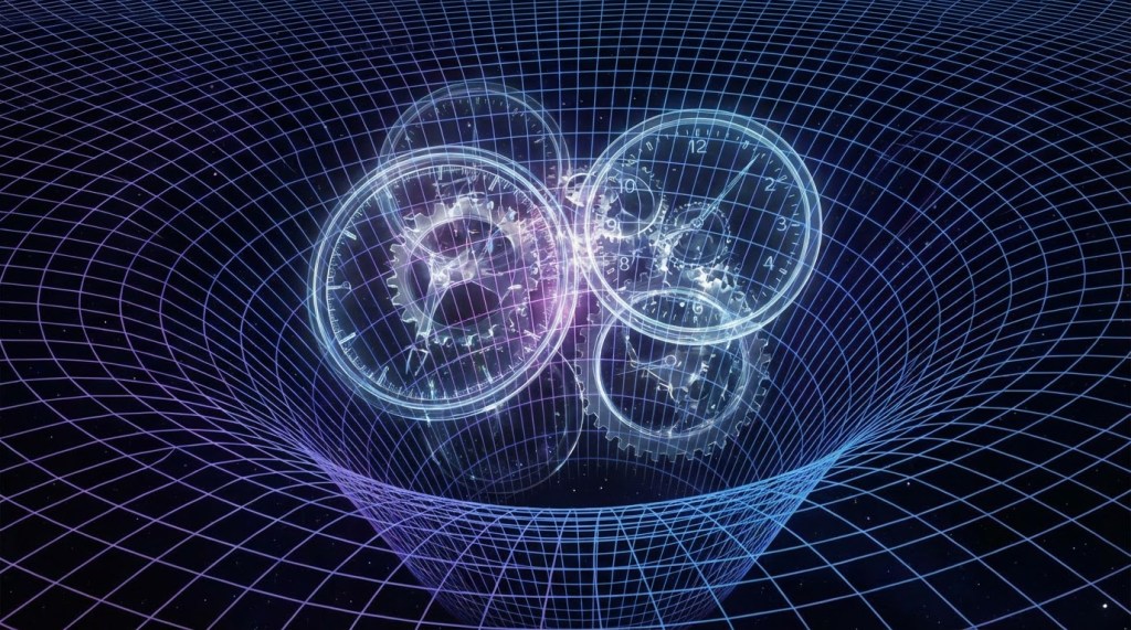 Luminous clocks and gears distorting a blue grid representing the fabric of space-time.