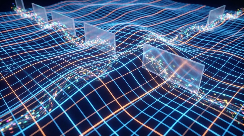 Glowing multi-colored particles flowing along a path on a wavy neon grid through barriers.