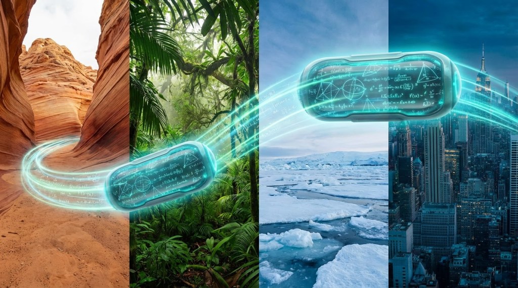 Glowing blue data capsules traveling through desert, jungle, arctic, and cityscape environments.