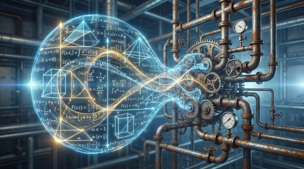 Glowing mathematical equations and geometric shapes flowing into a complex system of industrial machinery.