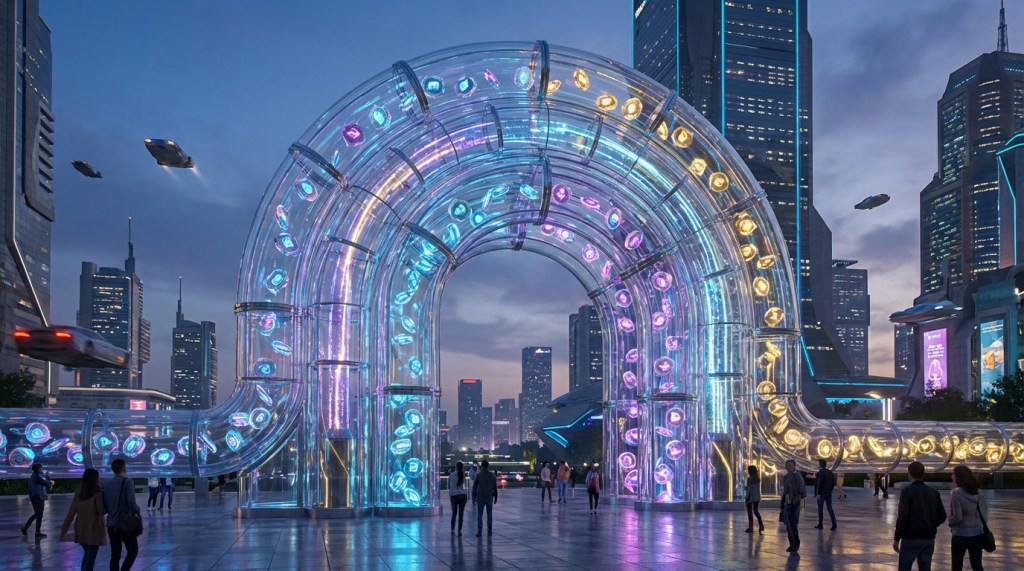 A large transparent archway filled with glowing digital icons stands in a futuristic city plaza.