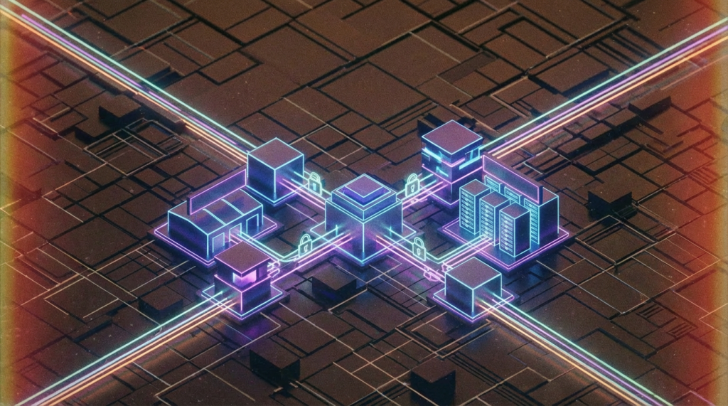 Isometric diagram showing a secure digital supply chain with warehouse, distribution hub, and data center labels.
