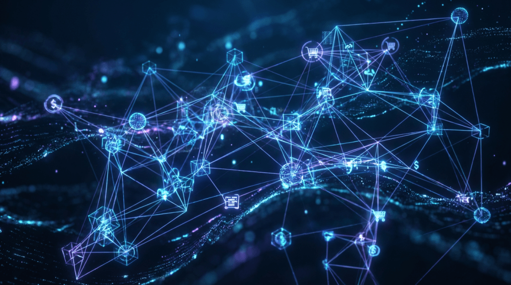Interconnected network of glowing lines and icons representing global digital commerce and data flows.