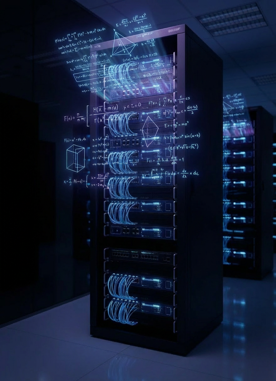 Black server rack with blue holographic mathematical equations and geometric shapes floating in front.
