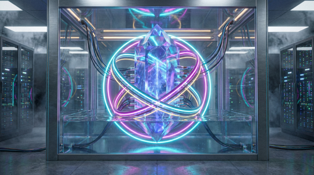 Large purple crystal inside a glass chamber surrounded by neon rings in a server room.