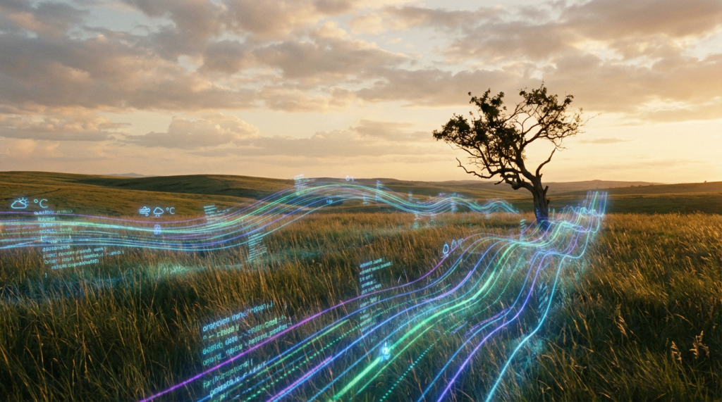 Digital data visualizations overlaying a rural grassy field with a lone tree at sunset.