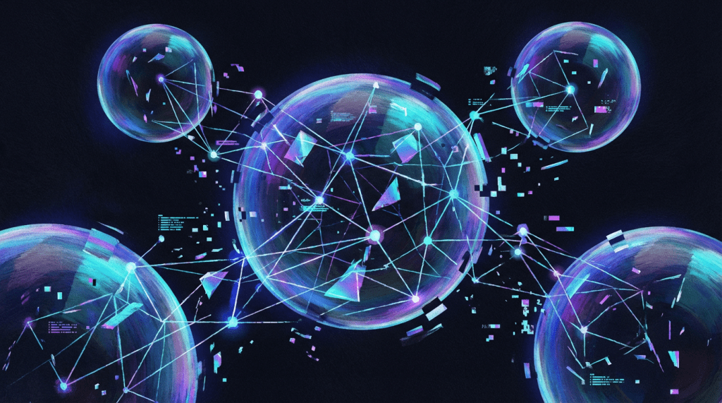 Five glowing, translucent spheres connected by a web of light and data fragments.