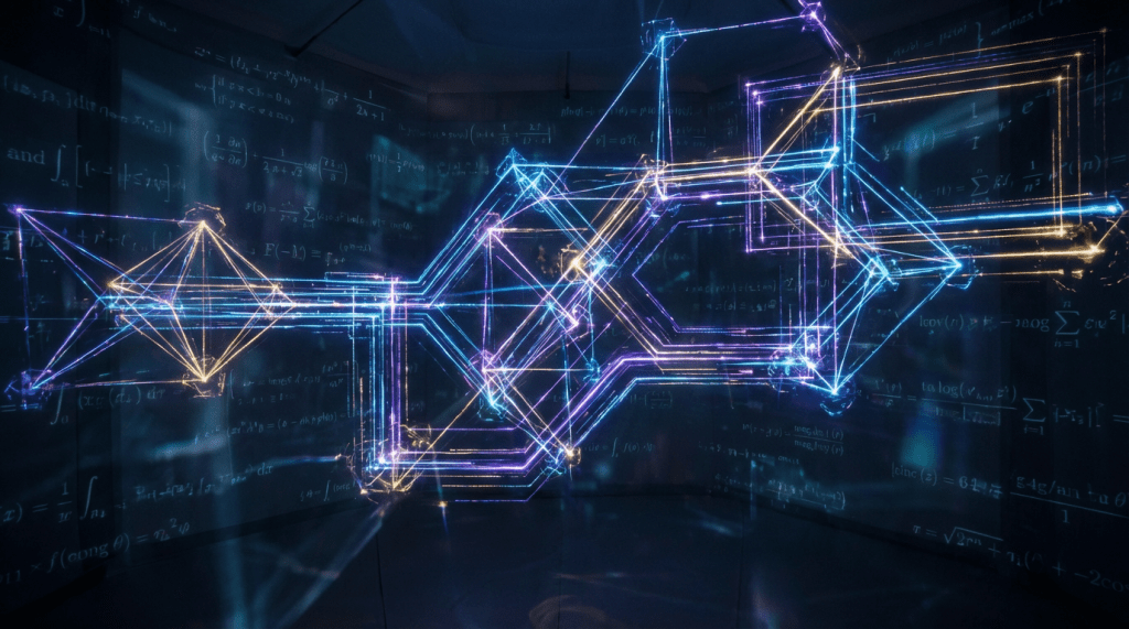 Glowing 3D geometric structures overlaid on complex mathematical equations against a dark background.
