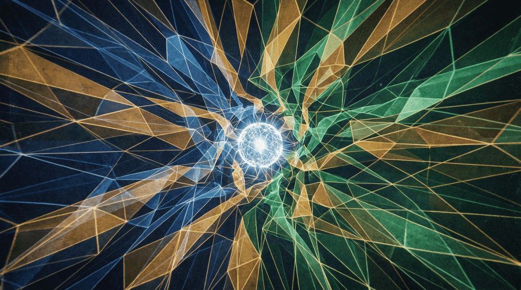 Abstract geometric artwork featuring a glowing central orb surrounded by radiating blue, gold, and green shapes.