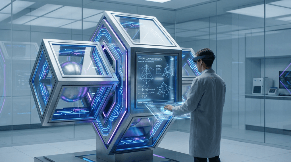 Scientist in lab coat using AR headset to interact with holographic quantum computer interface.