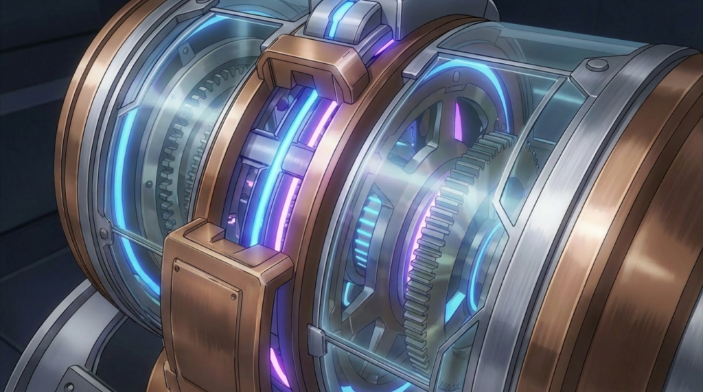 A complex sci-fi engine with glowing blue lights and a holographic interface.