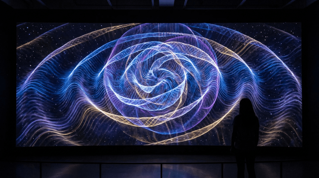 Person viewing a large screen displaying swirling blue and purple cosmic light patterns.