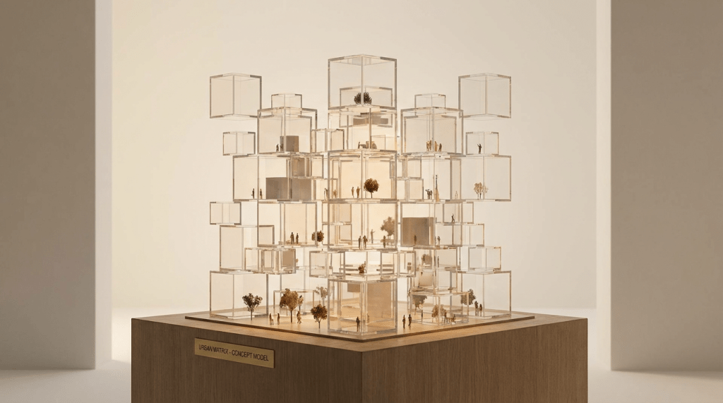 Architectural model titled Urban Matrix featuring stacked glass cubes containing tiny figures and trees.