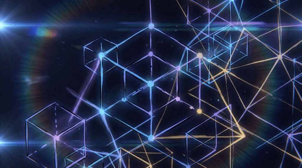 Interconnected network of glowing lines and nodes forming abstract geometric cube shapes.