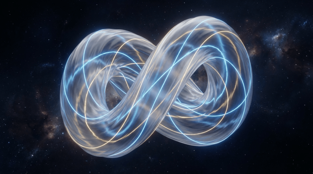 A luminous 3D infinity symbol with glowing blue and gold lines in deep space.