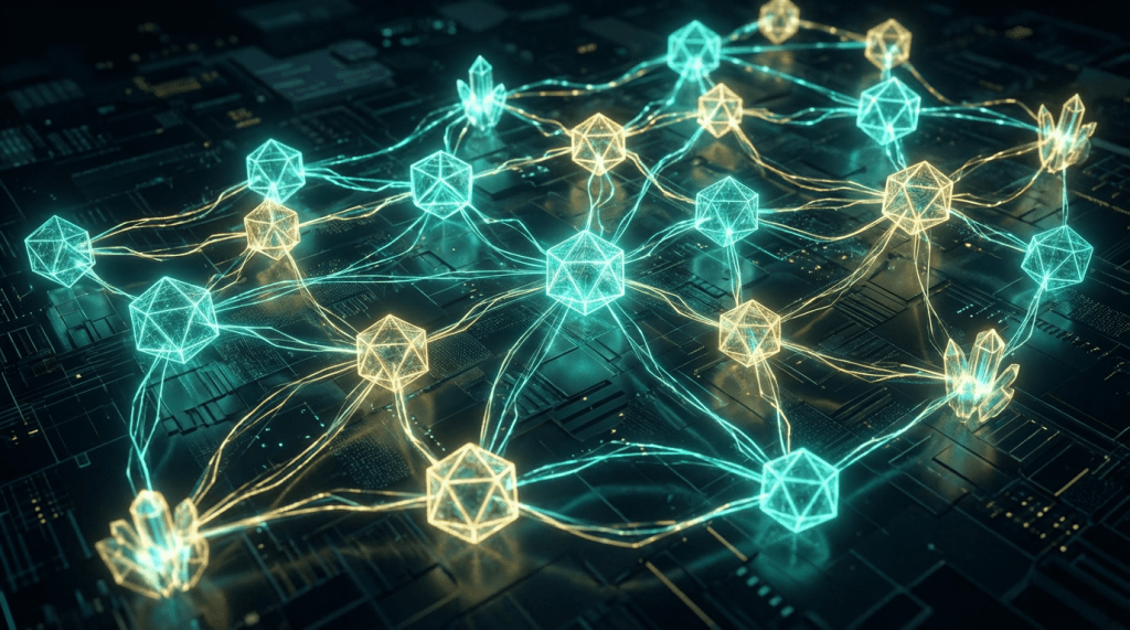 Interconnected glowing cyan and gold geometric nodes on a dark, futuristic circuit board background.