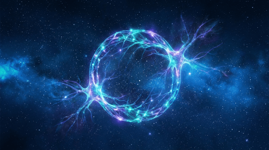 Luminous blue and purple neural structures forming a ring against a starry space background.