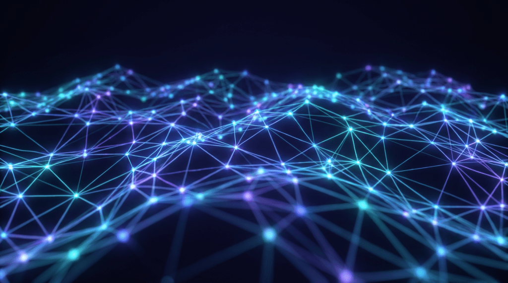 Glowing blue and purple interconnected nodes forming a complex digital network mesh.