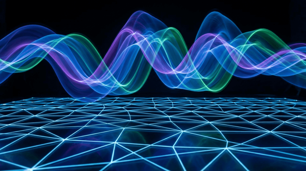 Abstract neon light waves flowing over a glowing blue geometric grid on a black background.