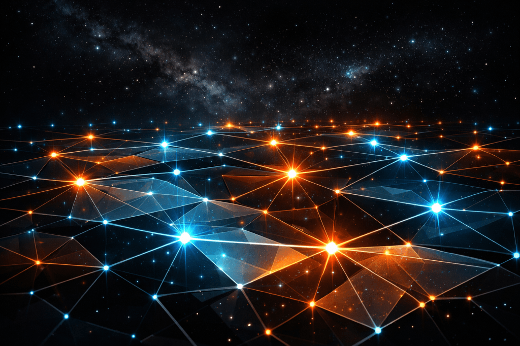 Interconnected glowing blue and orange nodes forming a network grid under a starry sky